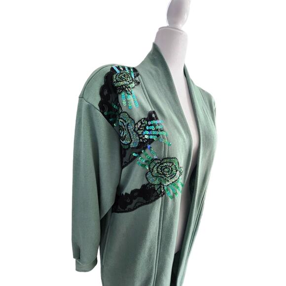 Vtg 80s Lacy After noon Duster Cardigan Womens Size S Green Embellished Sequins - Picture 3 of 4